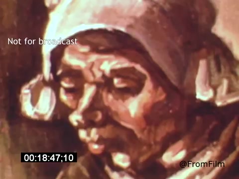 The still from 'Vincent Van Gogh: A Self-Portrait' (1961) features a close-up depiction of an elderly woman's face, likely reflecting Van Gogh's expressive, emotive style. The use of color and brush strokes emphasizes her features, conveying a sense of depth and character. Lee J. Cobb's narration adds context to this artistic exploration of Van Gogh's life and work.