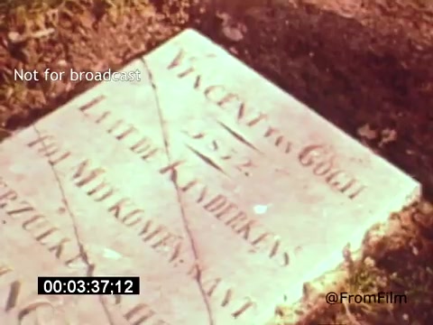 The still from 'Vincent Van Gogh: A Self-Portrait' (1961) shows a gravestone, which likely marks the final resting place of Vincent Van Gogh. The inscription reads 'Vincent van Gogh 1853' and features a poignant reminder of his troubled life and legacy. The shot’s composition emphasizes the gravestone against a natural background, evoking a sense of reflection on the artist's life and impact.