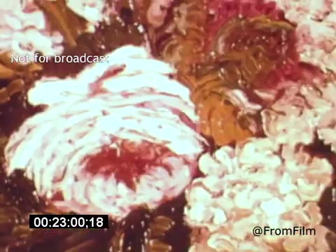 The still from 'Vincent Van Gogh: A Self-Portrait' (1961) features a close-up of vibrant flowers, capturing the dynamic brush strokes characteristic of Van Gogh's style. The rich colors and textured layers evoke his impressionistic approach, reflecting the passion and intensity of his artistic vision, notably enhanced by Lee J. Cobb's narration. This segment likely highlights Van Gogh's fascination with nature and his emotional expression through art.