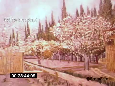 The still from 'Vincent Van Gogh: A Self-Portrait' (1961) showcases a serene landscape featuring blossoming trees, likely inspired by Van Gogh's own artistic style. The vibrant colors and expressive brushwork reflect the passion of the artist, while the surrounding cypress trees add a sense of structure to the scene. The composition evokes a dreamlike quality, resonating with Van Gogh's emotional and visual approach to nature.