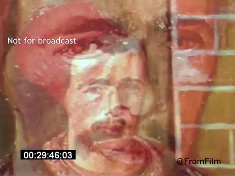 The 16mm still from 'Vincent Van Gogh: A Self-Portrait' (1961) features an artistic interpretation of Van Gogh’s likeness, blending vibrant colors with textured brush strokes. The image captures a stylized representation of Van Gogh’s face, highlighted by a swirling background that evokes his dynamic painting style. The overall effect communicates both the emotional depth and complexity of the artist. Lee J. Cobb's involvement likely adds a narrative weight to the visual presentation.