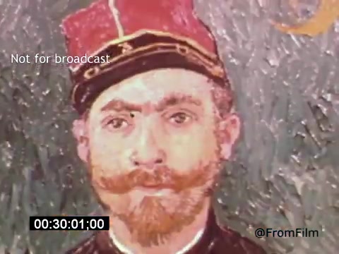 The still from 'Vincent Van Gogh: A Self-Portrait' (1961) features an expressive portrayal of Van Gogh, complete with his iconic beard and distinctive hat. The vibrant brushstrokes capture his intense gaze, set against a textured background that reflects his artistic style. The color palette emphasizes the emotional depth typical of his work. Lee J. Cobb voices the role, adding a dramatic layer to the visual narrative.