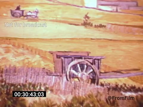 The still from 'Vincent Van Gogh: A Self-Portrait' (1961) features a vibrant, painterly depiction of a rural landscape. In the foreground, a wagon with a large wheel is prominently displayed, surrounded by fields of golden grass. In the background, there are hints of additional figures and a distant structure, creating a sense of depth and movement within the scene. The colors are warm and textured, reflecting Van Gogh's distinctive style. Lee J. Cobb's narration likely adds a rich context to this visual representation of Van Gogh's world.