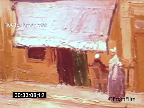 The 16mm still from 'Vincent Van Gogh: A Self-Portrait' (1961) showcases an impressionistic depiction of a rustic setting. The image features a modest building with a sloped roof, rendered in bold strokes, characteristic of Van Gogh's style. There are figures, likely representing people, positioned near the structure, evoking a sense of everyday life. The vibrant colors and textured brushwork highlight the emotional depth and vividness associated with Van Gogh’s artistic vision.