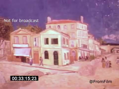 The still from 'Vincent Van Gogh: A Self-Portrait' (1961) features a picturesque street scene with colorful buildings and people. The artistic rendition showcases a quaint village atmosphere, highlighting Van Gogh's distinctive painting style. The light, pastel colors and expressive brushwork evoke a sense of nostalgia and warmth, capturing the essence of Van Gogh's artistic vision. The presence of figures suggests daily life, contributing to the film's exploration of the artist's world.