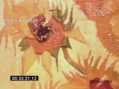 The still from 'Vincent Van Gogh: A Self-Portrait' features a close-up of vibrant, expressive brush strokes depicting sunflowers. The rich yellows and deep reds convey Van Gogh's passionate style, reflecting his unique approach to color and texture. The frame captures the essence of Van Gogh's artistry, highlighting his emotional connection to nature. This moment emphasizes the film's exploration of the life and creative spirit of the renowned artist, with Lee J. Cobb's narration adding depth to the imagery.
