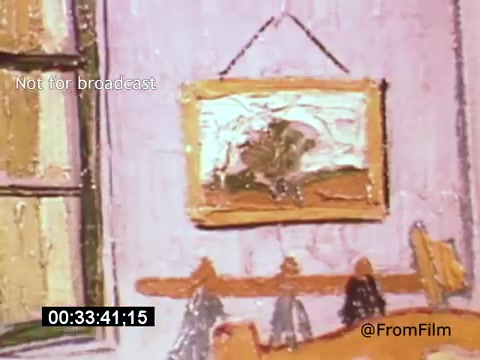 The 16mm still from 'Vincent Van Gogh: A Self-Portrait' (1961) features a close-up of an interior space. Notable elements include a window that allows light to filter in, and a painting on the wall representing Van Gogh's textured and vibrant style. The setting appears warm and inviting, with a simple table below, emphasizing the artist's personal connection to his environment. The color palette is rich and engaging, reflective of Van Gogh's artistic sensibilities.