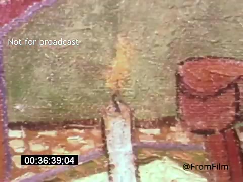 The still from 'Vincent Van Gogh: A Self-Portrait' (1961) shows a close-up of a candle flame amidst an impressionistic background. The painting captures the texture and vibrant colors characteristic of Van Gogh's style, with strokes conveying emotion and depth. Lee J. Cobb narrates, providing a contextual layer to the artwork's exploration of Van Gogh's life.