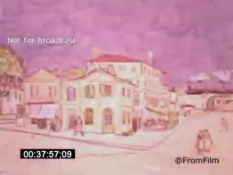 The still from 'Vincent Van Gogh: A Self-Portrait' (1961) presents a vibrant and stylized depiction of a scene featuring buildings with warm colors, likely inspired by Van Gogh's artistic style. The atmosphere is enhanced by a pinkish background, contributing to an impressionistic feel. The scene might include figures walking, adding a sense of life and movement. The film, narrated by Lee J. Cobb, explores Van Gogh's life and artistry, reflecting his emotional depth and unique vision.
