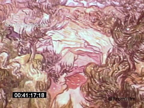 The 16mm still from *Vincent Van Gogh: A Self-Portrait (1961)* depicts a vibrant, swirling landscape characterized by bold colors and dynamic brush strokes, reminiscent of Van Gogh's iconic style. The scene features a rugged terrain with twisting trees and layered hills, evoking a sense of movement and emotion typical of Van Gogh's work. The presence of striking hues emphasizes the expressive and tumultuous nature of the artist's vision. Lee J. Cobb provides narration, grounding the visual artistry in the context of Van Gogh’s life and struggles.