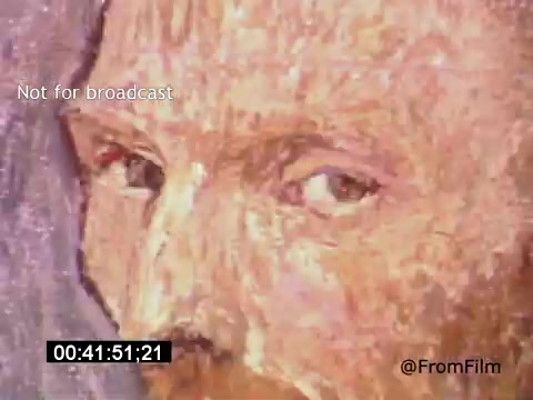 The still from 'Vincent Van Gogh: A Self-Portrait (1961)' features an expressive close-up portrayal of Van Gogh's face. The vibrant brush strokes capture the intensity of his gaze, showcasing his distinctive features such as the eyes and beard. The colors are rich and textured, highlighting the emotional depth and complexity often associated with Van Gogh's life and art. Lee J. Cobb's narration likely adds further context to this visual interpretation of the iconic artist.