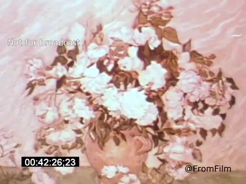 The 16mm still from 'Vincent Van Gogh: A Self-Portrait' (1961) features a vibrant bouquet of roses in a vase, emphasizing the artist's appreciation for color and nature. The soft hues blend beautifully, reflecting Van Gogh's iconic style. This scene captures the essence of his artistic vision and emotional depth, providing a glimpse into the world he portrayed.