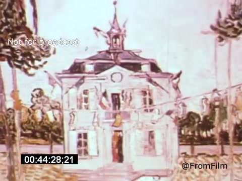 The still from *Vincent Van Gogh: A Self-Portrait (1961)* showcases a stylized, animated depiction of a house, characterized by vibrant colors and bold lines. The structure features a peaked roof, decorative elements, and flags, set against a backdrop of trees. The artistic style reflects Van Gogh's distinctive approach, aligning with the film's exploration of his life and work, narrated by Lee J. Cobb.