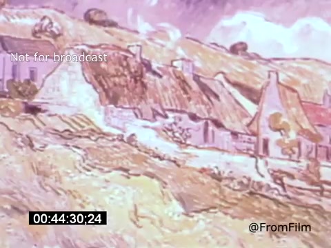 The still from 'Vincent Van Gogh: A Self-Portrait' (1961) features a colorful, impressionistic landscape. Soft, swirling brushstrokes depict cottages under a cloudy sky, capturing Van Gogh's distinctive style. This film, narrated by Lee J. Cobb, explores the artist’s life and work, emphasizing his emotional depth and creativity.