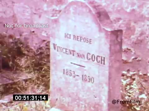 The still from 'Vincent Van Gogh: A Self-Portrait' (1961) features a weathered gravestone in a muted, pastel palette. The inscription reads 'ICI REPOSE VINCENT van GOGH' along with his birth and death years (1853-1890). This evocative image captures the somber and reflective tone of the film, highlighting Van Gogh's legacy and tragic life. The presence of natural overgrowth around the gravestone adds to the sense of history and melancholy.