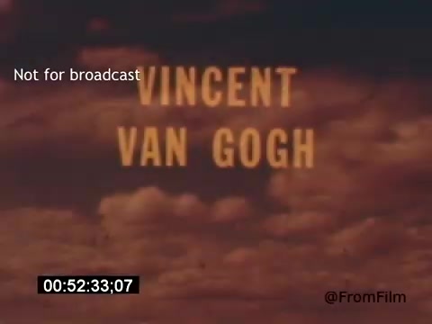 The still from 'Vincent Van Gogh: A Self-Portrait' (1961) features a title card displaying the name 'VINCENT VAN GOGH' prominently against a dramatic, cloud-strewn sky. The warm colors and cloud formations create an emotional backdrop that hints at the artist's turbulent life and profound impact on art. The image is marked 'Not for broadcast,' indicating it is intended for specific viewing contexts. The timestamp suggests it is part of a larger narrative.