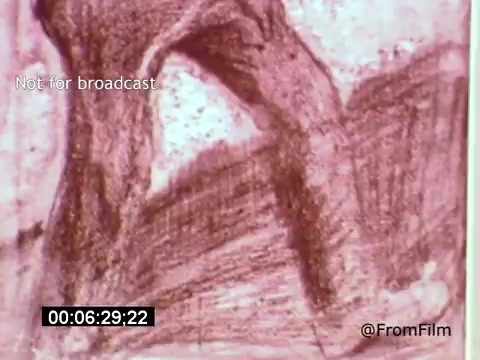 The 16mm still from 'Vincent Van Gogh: A Self-Portrait' (1961) features an abstract and textured representation, likely emulating Vincent Van Gogh's distinctive style. The muted reddish tones and bold strokes create a dynamic visual, hinting at the expressive nature of Van Gogh's work. This short film, narrated by Lee J. Cobb, explores the artist's life and creativity through a blend of imagery and commentary.