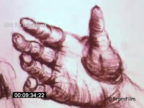 The still from 'Vincent Van Gogh: A Self-Portrait' (1961) features a close-up of a hand, showcasing intricate details of the fingers and palm. The hand appears expressive and textured, capturing the depth of character and emotion. This visual emphasizes Van Gogh's connection to his art and his personal struggle. Lee J. Cobb's narration likely enhances the contemplative nature of this moment.