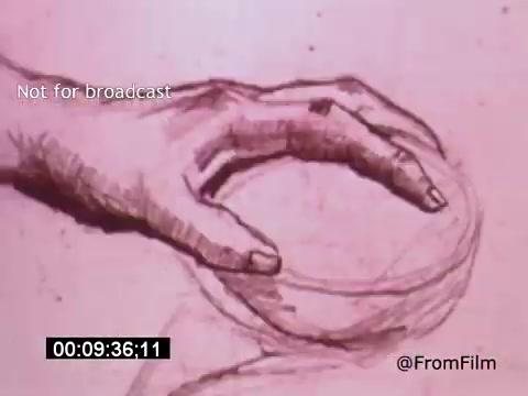 The still from 'Vincent Van Gogh: A Self-Portrait (1961)' features a partially colored sketch of a hand delicately holding a circular object, likely a bowl or palette. The drawing style emphasizes soft, fluid lines, capturing the intricacy and emotion of Van Gogh's artistic vision. The image is tinted in muted tones, aligning with the somber and introspective nature of the film, narrated by Lee J. Cobb.