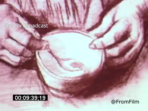 The still from 'Vincent Van Gogh: A Self-Portrait' (1961) features two hands carefully holding a small bowl while a spoon is poised above it, suggesting a moment of creation or preparation. The image is rendered with a soft, sketch-like quality, evoking Van Gogh's artistic style. Lee J. Cobb's narration likely adds depth to the scene, enriching the portrayal of Van Gogh's life and work.