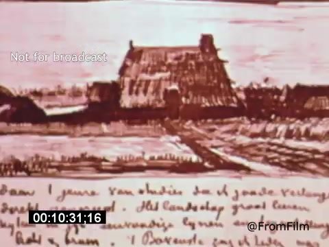 The still from 'Vincent Van Gogh: A Self-Portrait' (1961) features an illustrated scene depicting a rural landscape with a thatched roof house. Below the image, handwritten text provides context, likely reflecting Van Gogh's thoughts or letters. The warm color palette evokes an emotional connection to the artist's introspective nature. The inclusion of Lee J. Cobb adds a narrative touch, enhancing the film's exploration of Van Gogh's life and artistry.