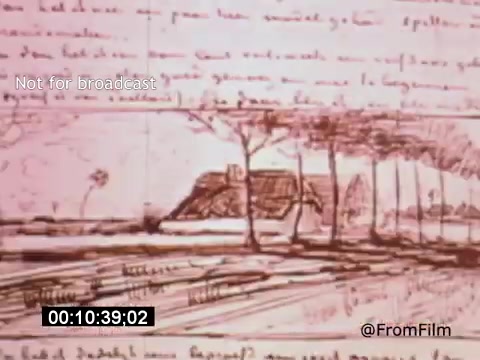 The still from *Vincent Van Gogh: A Self-Portrait (1961)* features a sketch or drawing of a landscape, likely inspired by Van Gogh's own work. The image includes elements of nature, such as trees and a distant structure, presented in a warm tonal palette. The artistic style reflects Van Gogh's expressive brushwork and emotional depth. The film, narrated by Lee J. Cobb, explores the life and artistic journey of Van Gogh, highlighting his unique vision and struggles.