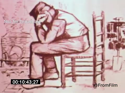 The still from 'Vincent Van Gogh: A Self-Portrait' (1961) features an animated depiction of Van Gogh, seated on a rustic chair. He appears contemplative, resting his chin on his hand, conveying a sense of introspection. The background includes a fireplace, adding to the intimate and reflective atmosphere of the scene. The overall color scheme is subdued, emphasizing the emotional weight of the moment.