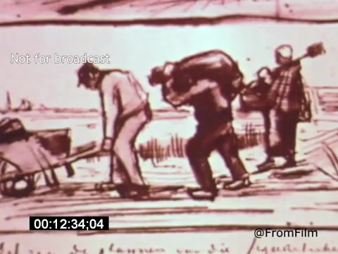 The still from 'Vincent Van Gogh: A Self-Portrait' (1961) depicts a series of figures engaged in labor. A man with a wheelbarrow is seen in the foreground, while two other figures carry loads in the background. The style resembles Van Gogh's own drawings, showcasing his interest in the everyday lives of working people. The image evokes themes of toil and artistry, reflective of Van Gogh's connection to the human experience.