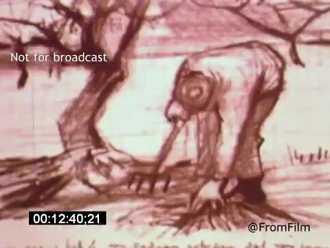 The still from 'Vincent Van Gogh: A Self-Portrait' (1961) presents an animated depiction of Van Gogh working in a rural setting. A figure resembling the artist is shown bent over, tending to the soil with a pitchfork near a tree. The artwork is faded and sketch-like, capturing the essence of Van Gogh’s agrarian themes. The scene speaks to his connection with nature and labor.