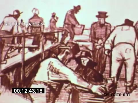 The 16mm still from 'Vincent Van Gogh: A Self-Portrait' (1961) depicts a scene with several figures engaged in a laborious activity, likely reminiscent of Van Gogh's own themes of hard work and everyday life. The style is sketched, reflecting the artistic influences of the painter, with dynamic lines and a focus on human figures. Lee J. Cobb’s narration adds depth to the portrayal of Van Gogh’s experiences, highlighting the emotional and social context of the artist's life.