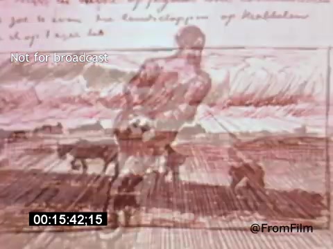 The 16mm still from 'Vincent Van Gogh: A Self-Portrait' (1961) features a visually striking montage. It combines a sketch of a figure, possibly Van Gogh himself, against a backdrop of abstract, swirling colors reminiscent of his painting style. Below, a depiction of rural life includes animals and fields, conveying the essence of Van Gogh's connection to nature. The text overlays hint at his thoughts and aspirations. The overall composition reflects both the artist's inner struggles and the beauty of his world.