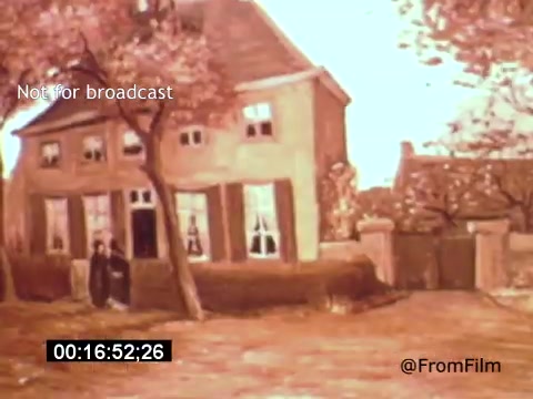 The still from 'Vincent Van Gogh: A Self-Portrait' (1961) features a painted scene depicting a two-story house surrounded by trees with autumn foliage. The building has large windows and is likely set in a rural context. In the foreground, a figure stands, adding a human element to the tranquil landscape. The warm color palette and serene setting evoke the essence of Van Gogh's artistic style, emphasizing themes of nature and solitude.