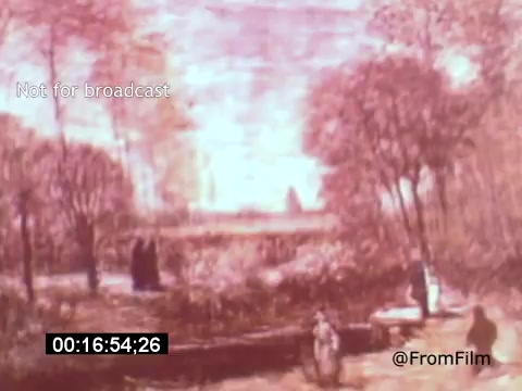 The still from 'Vincent Van Gogh: A Self-Portrait' (1961) likely features a lush landscape reminiscent of Van Gogh's style, with trees and figures positioned against a vibrant sky. The scene conveys an impressionistic quality, characterized by bold colors and energetic brushstrokes. The film, narrated by Lee J. Cobb, explores the life and artistry of Van Gogh, highlighting his emotional depth and unique perspective.