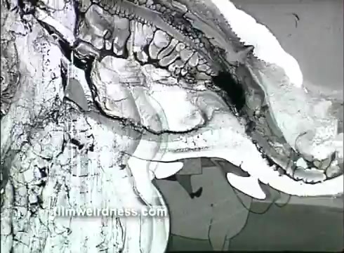 The still from the 'Kaiser Aluminum foil - it's quilted' TV commercial features a visually intriguing, abstract composition. It appears to depict a textured surface, emphasizing the unique design of the quilted aluminum foil. The monochromatic palette enhances the visual contrast and may suggest movement or a flowing form, typical of mid-century advertising aesthetics. The image likely conveys the foil's durability and versatility in a creative and artistic way.