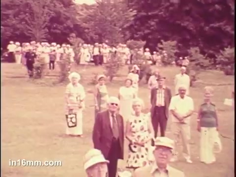 The still shows a gathering of senior citizens in a park-like setting, captured in 16mm film from 1975. The group is diverse in age and appearance, with individuals wearing various summer outfits, including hats and sunglasses. The background features trees and greenery, suggesting a community event or social gathering aimed at promoting the interests of seniors. The overall mood appears to be one of camaraderie and engagement.