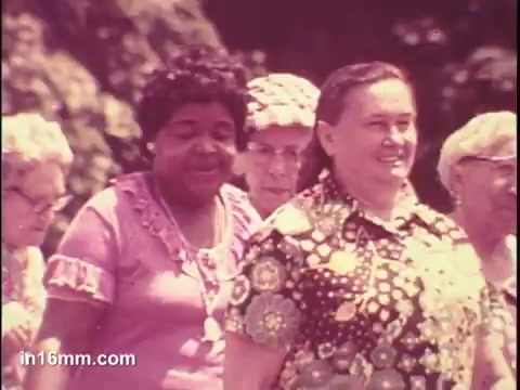 The still features a group of older adults, predominantly women, participating in what appears to be a community or social event. They are dressed in vibrant, colorful clothing, with smiles on their faces, suggesting a positive and engaging atmosphere. The background is blurred but indicates an outdoor setting, likely during the mid-1970s, aligning with the time period of the PSA created for the National Council of Senior Citizens.