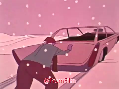 The still from the 1969 Blue Cross animated PSA depicts a snowy landscape where a man is struggling to push a car that is stuck in the snow. The scene conveys a sense of effort and urgency, likely symbolizing the physical strain associated with heart issues like angina and heart attacks. The background is characterized by a pinkish hue, which adds a surreal or whimsical quality to the serious topic being addressed.