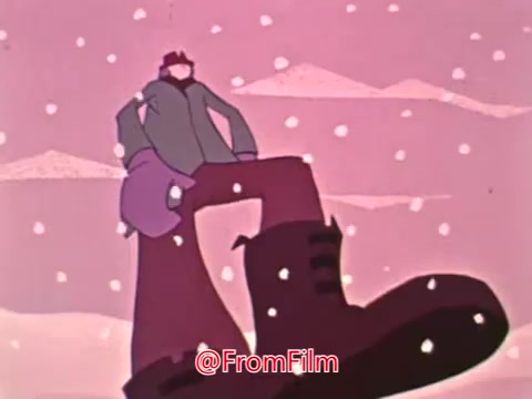 The still from the 1969 Blue Cross animated PSA features a stylized figure standing in a snowy landscape. The character is depicted in a cartoonish manner, wearing a winter coat and large boots, with snowflakes gently falling around. The color palette is soft, featuring shades of pink and muted colors, creating a stark contrast with the white snow. The overall tone suggests a focus on health awareness, particularly concerning heart conditions like angina and heart attacks, typical of such PSAs.