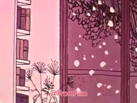 The still from the 1969 Blue Cross animated PSA on heart attack and angina features a cozy interior scene. A bookshelf filled with books is visible on the left, while a window on the right frames a view of falling snowflakes amidst a leafy background. The color palette is soft and warm, evoking a sense of comfort in the context of serious health messaging regarding heart conditions. The overall aesthetic aligns with the period's animation style, blending informative content with a soothing visual presentation.