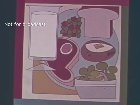 The still features a stylized illustration of a balanced meal, typical of 1970s public service announcements promoting nutrition. It includes a glass of milk, a variety of vegetables, a slice of bread, and a portion of meat. The artwork reflects vibrant colors and simple geometric shapes, characteristic of the era's design aesthetic, emphasizing healthy eating habits and the importance of dairy in the diet. The text 'Not for broadcast' indicates it's a promotional piece, likely intended for educational purposes.
