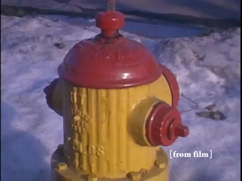 The still features a close-up of a bright yellow fire hydrant set against a snowy suburban backdrop in winter. The shot likely emphasizes the hydrant's vivid colors and rugged texture, drawing the viewer's attention away from the two guys and the car in the fuller scene.