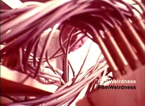 The still from 'Bell Performance' shows a close-up view of numerous wires and cables, creating a tangled, chaotic appearance. It captures the inner workings of a telecommunications environment, likely depicting the assembly or connectivity aspects involved in the production of telephones. The scene conveys a sense of nostalgia for the era of the Bell System, reflecting the technological atmosphere of the 1970s with its emphasis on connectivity and communication infrastructure. The overall aesthetic is characterized by warm, muted colors indicative of that time period.