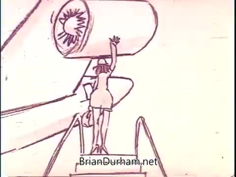 The still from the 1972 'The Grade 'A' Way - Milk' commercial features a stylized animation of a woman interacting with a large, exaggerated airplane engine. She is depicted climbing steps beside the engine, emphasizing a playful and whimsical approach. The scene likely aims to capture attention and convey a lighthearted message about the quality and freshness of Grade A milk. The simplistic, cartoonish style reflects the era's advertising techniques.