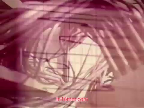 The 16mm still from 'Performance' - Bell System Film (1971) features abstract, swirling visuals in shades of pink and white, possibly depicting wires or cables overlaid with a grid. This frame captures the end titles, likely displaying the production date and credits for the cast and crew involved in the film. The aesthetic is representative of the film's experimental style, blending technology and art.