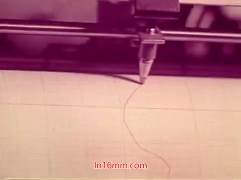 The still captures a detailed scene from the end titles of the 1971 film 'Performance' by Bell System. It prominently features a drawing apparatus in action, with a pen creating a curved line on a grid-patterned surface. The color tone has a warm, vintage quality, indicative of 16mm film. The text includes production details, credits, and the date of production, culminating in a retro aesthetic that reflects the era's cinematic style.