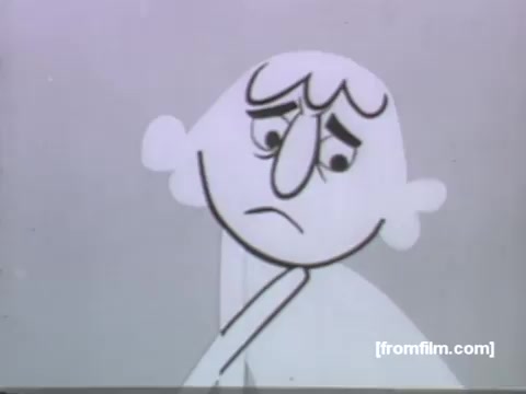 The still from the 1950s UPA animation 'Jonny Mop' features a cartoon character with a worried expression. The character, depicted with a simplistic style common in UPA animations, has a round head, large eyes, and a frown, suggesting a sense of concern or sadness. The background is minimalistic, emphasizing the character's emotions. This aesthetic is characteristic of the era's animation approach, merging humor with a stylish design.