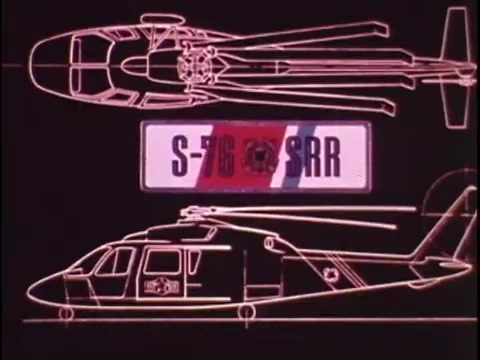 The still features a technical illustration of the Sikorsky S-76 helicopter alongside a stylized display of its designation 'S-76 SRR.' The illustration emphasizes the helicopter's design from a side and top view, showcasing details of its structure. The background seems simple, focusing the viewer's attention on the aircraft. The color palette appears to be muted, likely reflecting the aesthetic of the 1970s. Overall, it's a promotional element highlighting the sophisticated engineering of the Sikorsky S-76.
