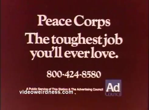 The still features a simple text overlay against a plain background, promoting the Peace Corps. It states, 'Peace Corps - The toughest job you’ll ever love,' followed by a contact number, '800-424-8580.' The design is straightforward and conveys a call to action for potential volunteers, highlighting the rewarding nature of the experience. An 'Ad Council' logo appears at the bottom, indicating it’s a public service announcement from the 1970s.