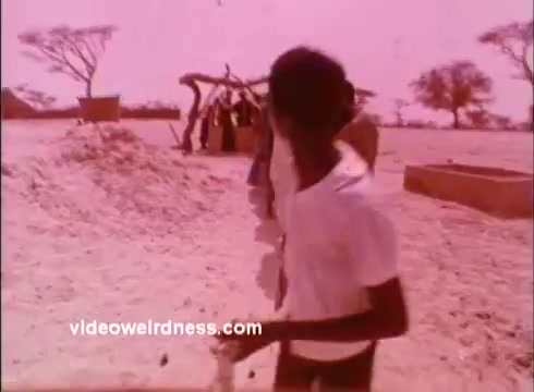 The still captures a scene from a 1970s Peace Corps public service announcement. It features a young boy in a white shirt, looking towards a group of people in the background, set in a sandy landscape. The color tone has a pinkish hue, and sparse trees can be seen in the surroundings, reflecting the environment typically associated with Peace Corps work in developing areas. The image emphasizes community and cultural interaction.