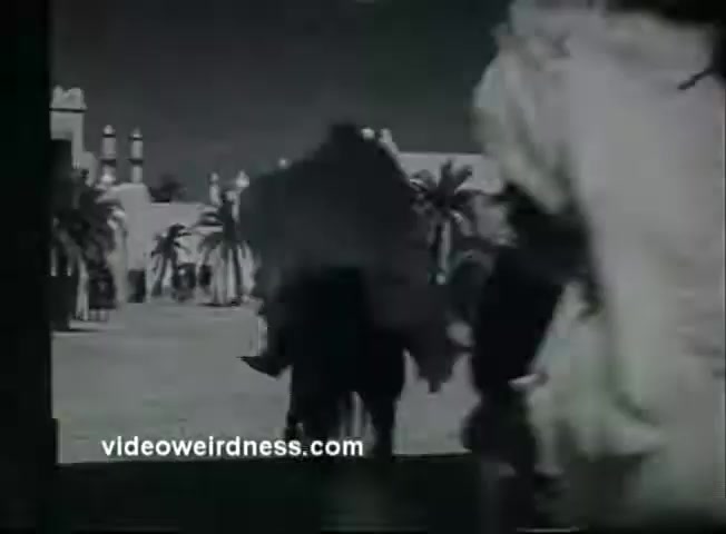 The still from the 'Desert Raiders' movie trailer depicts a desert landscape with palm trees in the background. In the foreground, figures are entering or exiting a structure, possibly a tent or building, while a person rides a camel. The scene conveys a sense of adventure and excitement typical of desert-themed action films. The black-and-white imagery adds a vintage, classic feel to the still.
